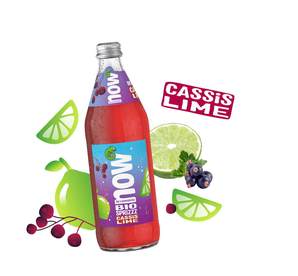 now Bio Sprizzz Cassis Lime mit Früchten im Hintergrund
